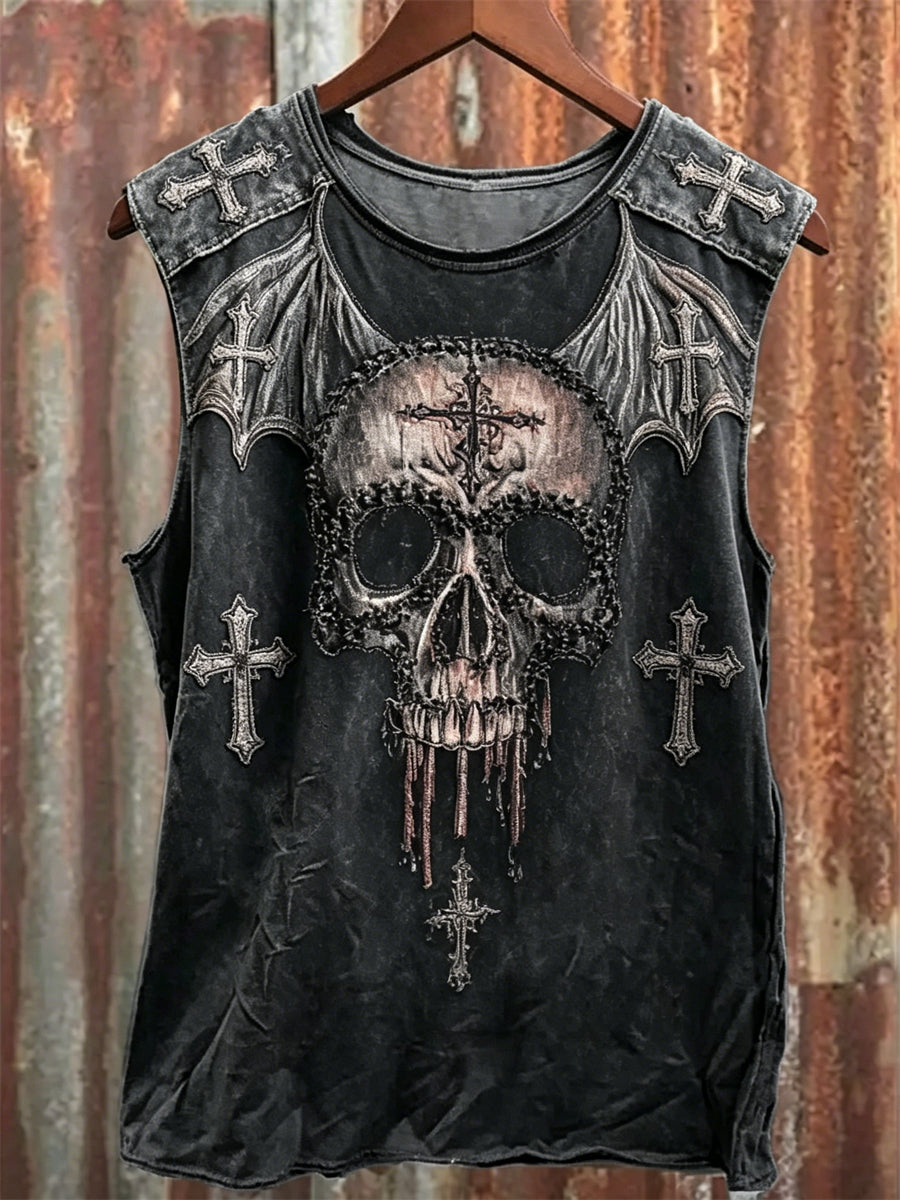 Men's Rock Style Vintage Skull with Bat Wings Cross Print Racket Vest