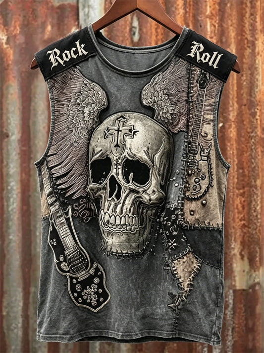 Men's Rock N Roll Style Skull with Wings Art Print Racket Vest
