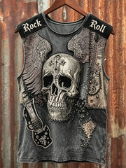 Men's Rock N Roll Style Skull with Wings Art Print Racket Vest