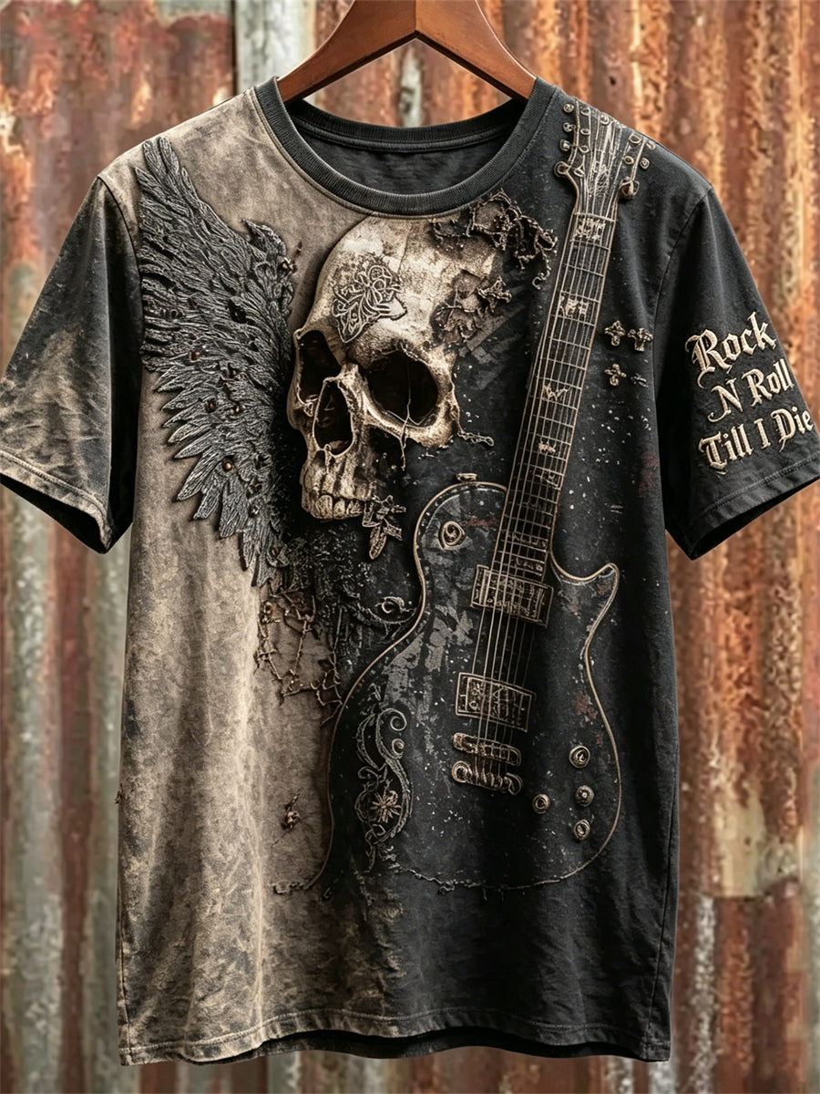 Men's Rock N Roll Till I Die Skull & Guitar Print Contrast Bleached short sleeves t-shirt