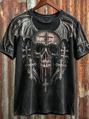 Men's Rock Style Skull with Bat Wings Cross Art Print short sleeves t-shirt