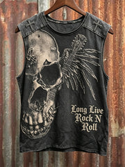 Men's Vintage Long Live Rock N Roll Skull with Wings Print Racket Vest