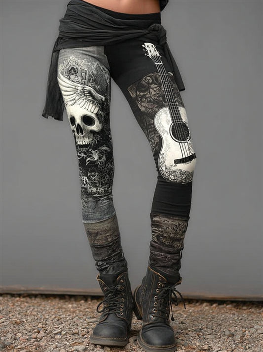Women's Rock Style Skull And Guitar Art Print Leggings