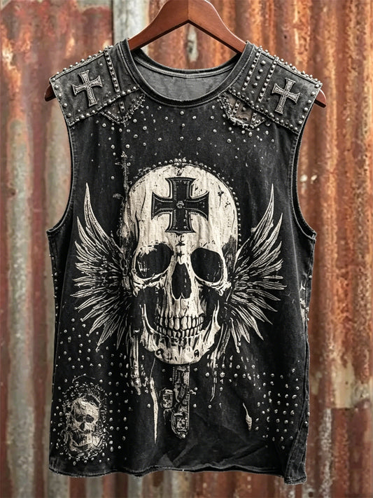 Men's Rock Style Cross & Skull with Wings Art Print Racket Vest