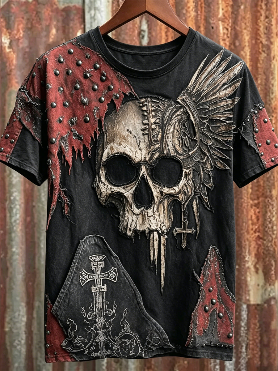 Men's Rock Style Skull with Wings & Cross Art Print short sleeves t-shirt