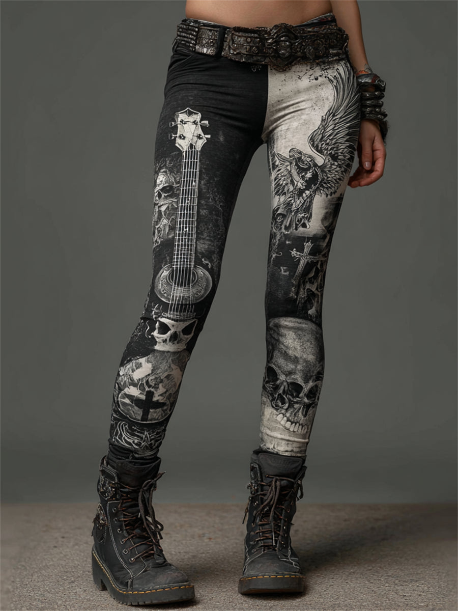 Women's Rock Style Guitar Skull & Wings Contrast Color Leggings
