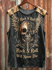 Men's Rock N Roll Will Never Die Skull with Wings Print Racket Vest