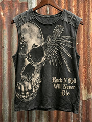 Men's Vintage Rock N Roll Will Never Die Skull with Wings Print Racket Vest