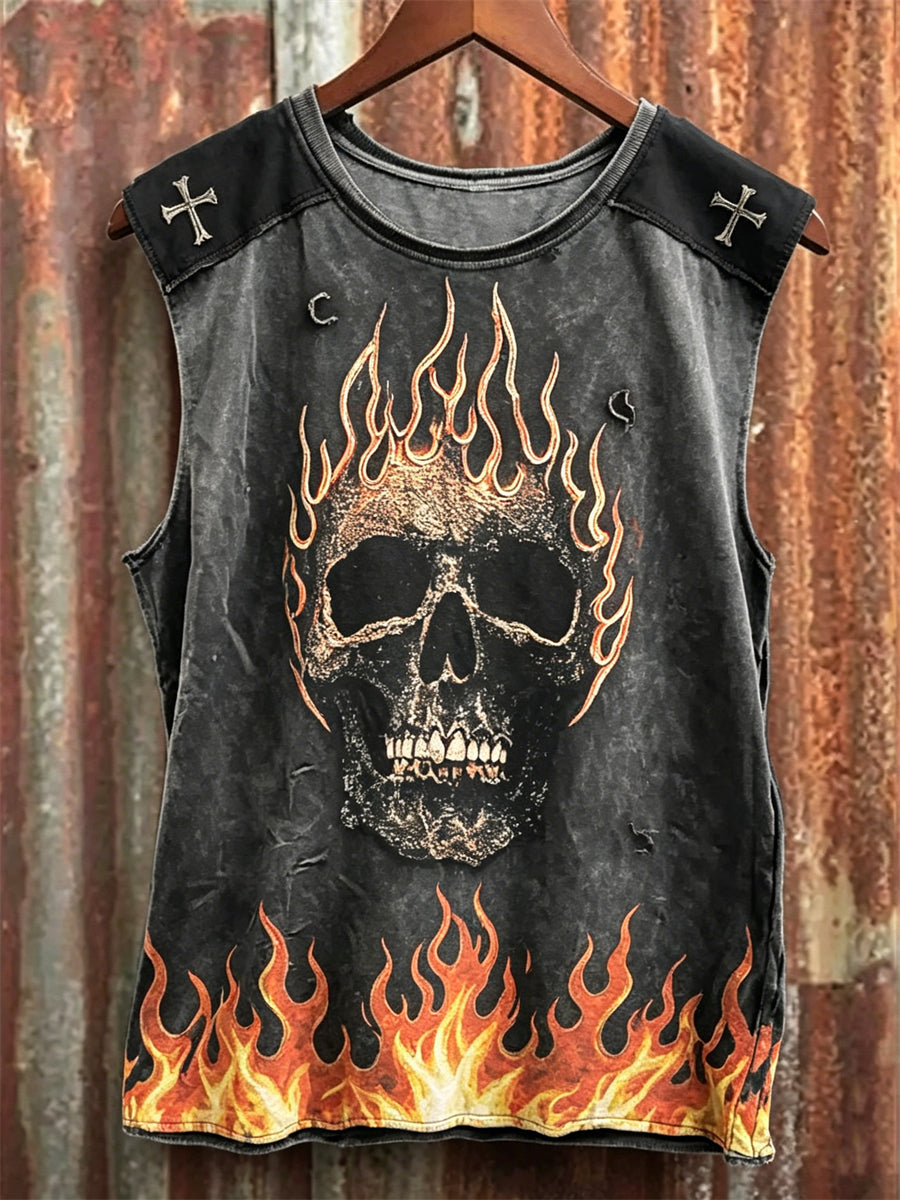 Men's Rock Style Skull on Flame Cross Print Racket Vest