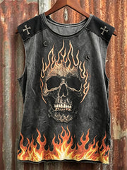 Men's Rock Style Skull on Flame Cross Print Racket Vest