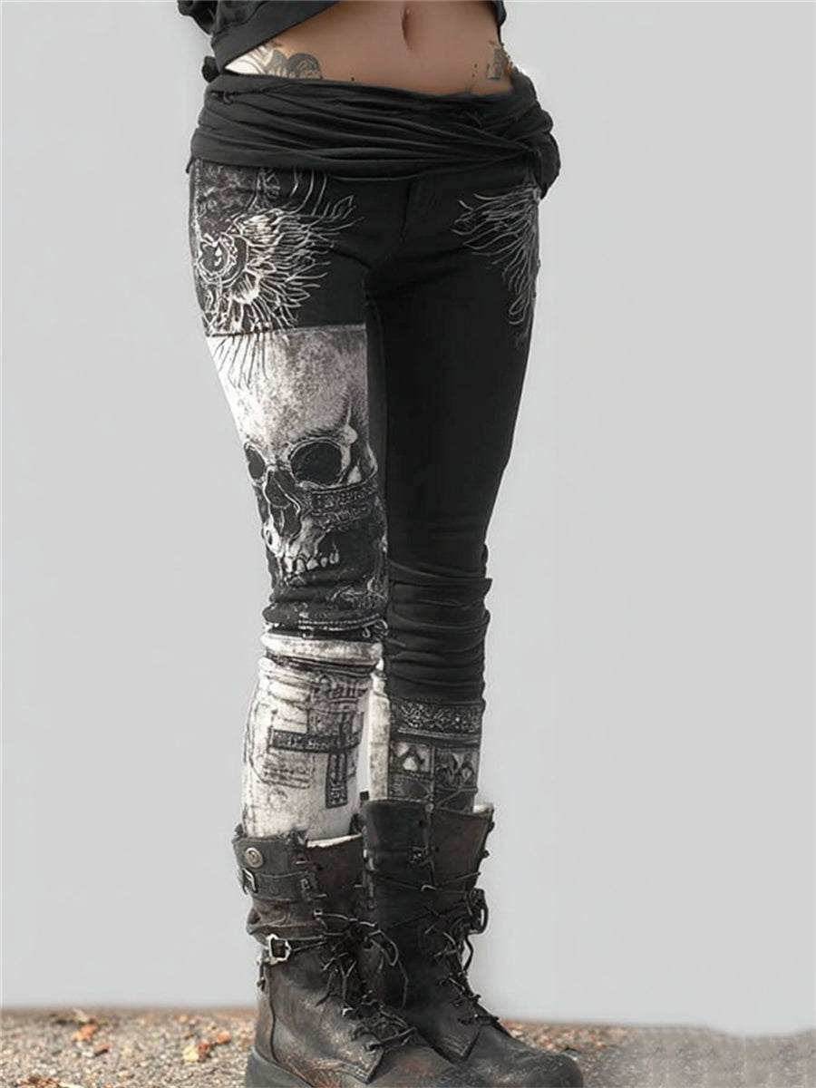 Women's Rock Style Vintage Skull Wings & Cross Contrast Print Leggings