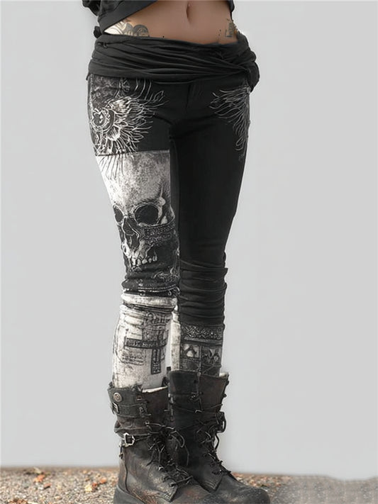 Women's Rock Style Vintage Skull Wings & Cross Contrast Print Leggings