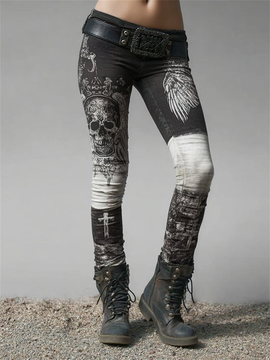 Women's Vintage Rock Style Skull Wings Cross Colorblock Print Leggings
