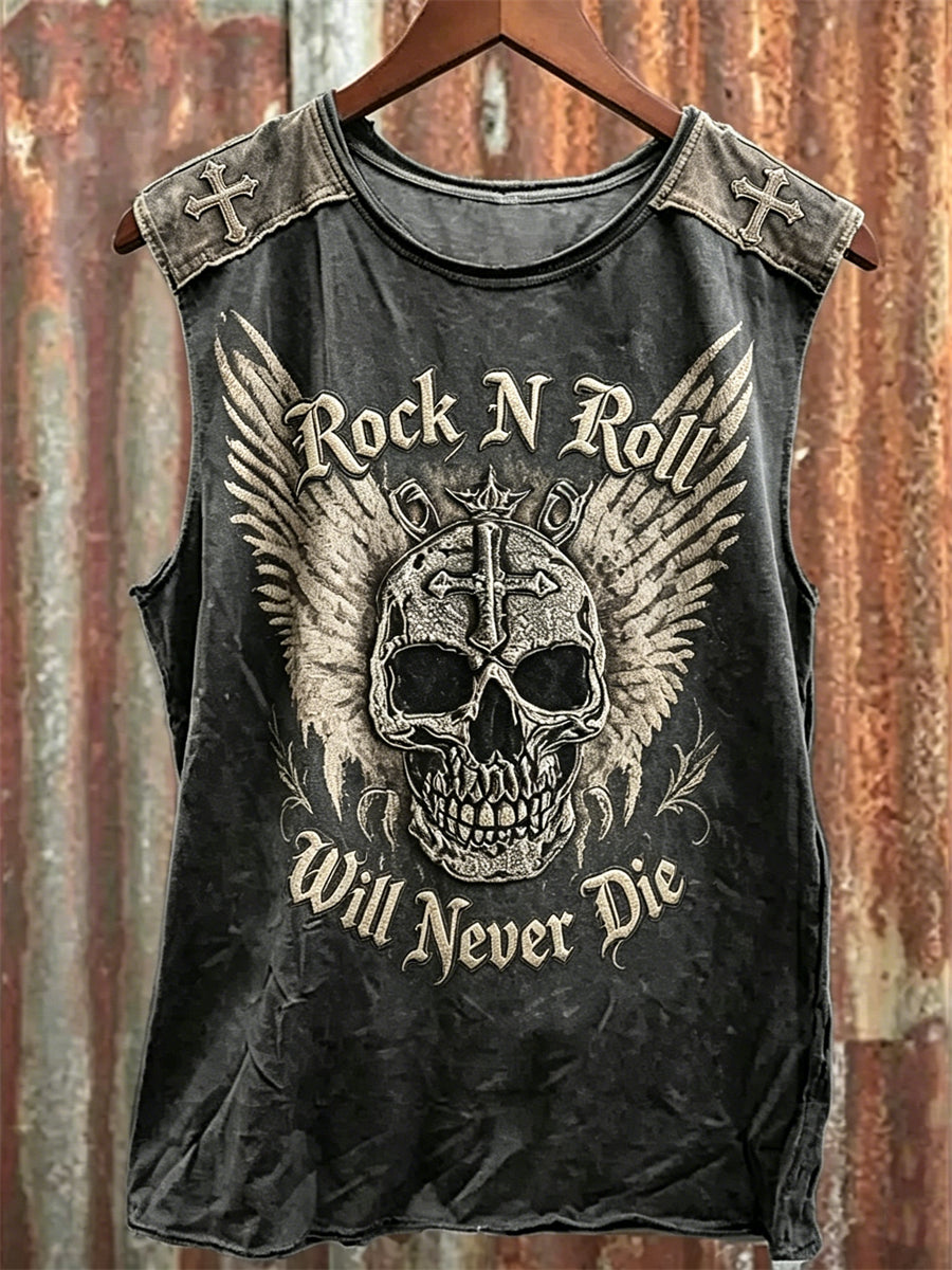 Men's Rock N Roll Will Never Die Skull with Wings Print Racket Vest