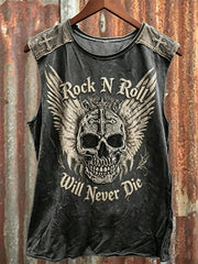 Men's Rock N Roll Will Never Die Skull with Wings Print Racket Vest