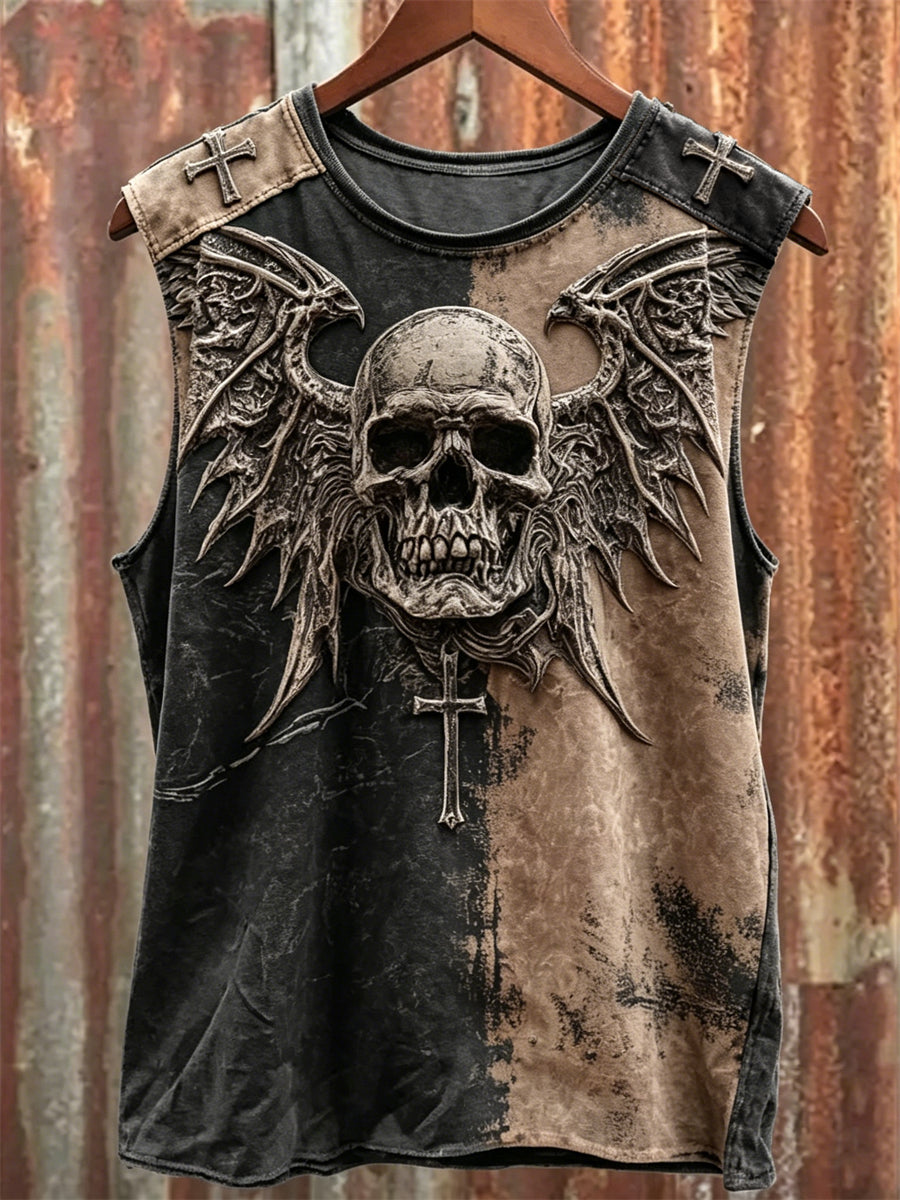 Men's Rock Style Skull with Wings Cross Print Contrast Bleached Racket Vest