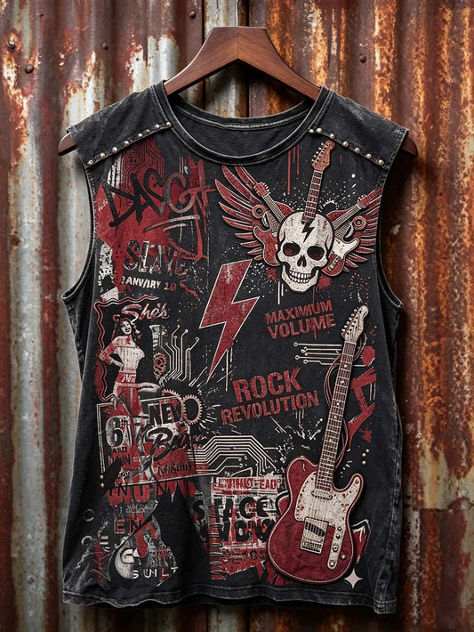 Men's retro rock music skull element printed vest