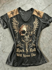 Women's Rock N Roll Will Never Die Skull with Wings Print short-sleeved T-shirt