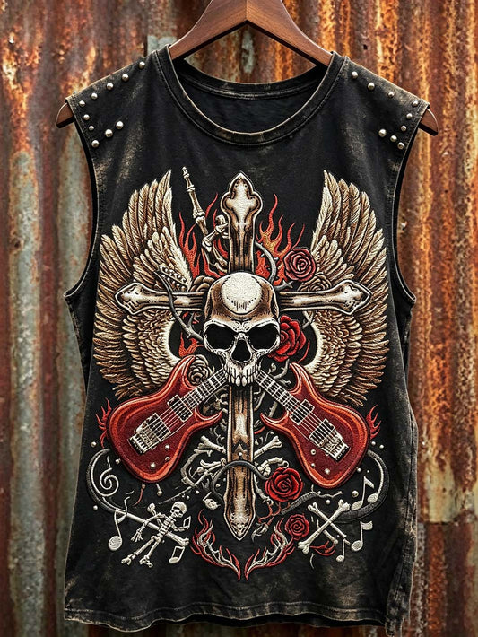 Men's retro rock music skull element printed vest