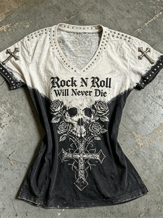 Women's Rock N Roll Will Never Die Skull Roses Cross Contrast Print short-sleeved T-shirt