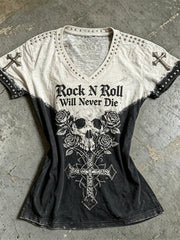 Women's Rock N Roll Will Never Die Skull Roses Cross Contrast Print short-sleeved T-shirt