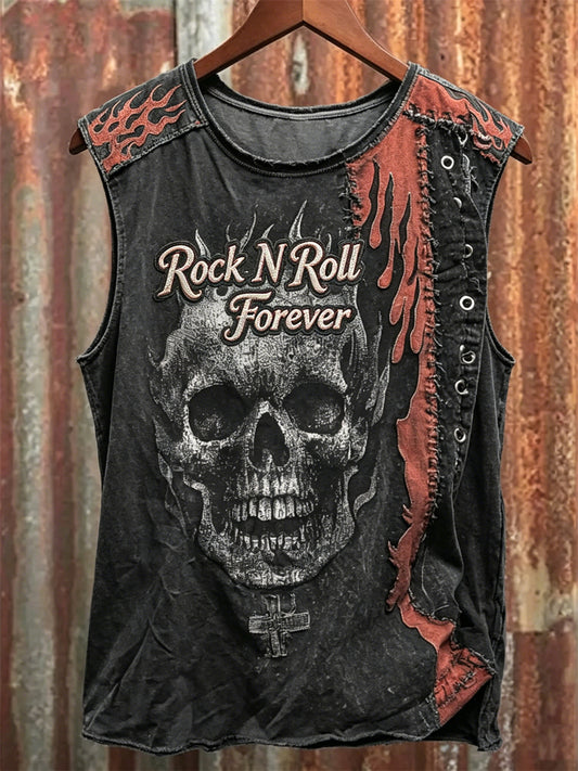 Men's Rock N Roll Forever Skull & Flame Contrast Print Racket Vest