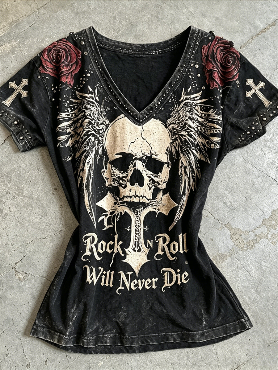 Women's Rock N Roll Will Never Die Skull with Wings Roses Print short-sleeved T-shirt