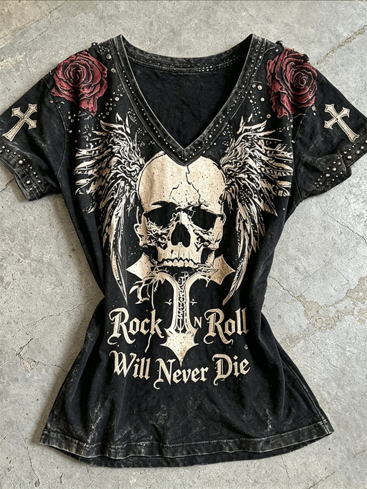 Women's Rock N Roll Will Never Die Skull with Wings Roses Print short-sleeved T-shirt