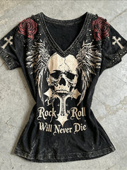 Women's Rock N Roll Will Never Die Skull with Wings Roses Print short-sleeved T-shirt