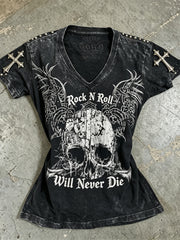 Women's Rock N Roll Will Never Die Skull Print short-sleeved T-shirt