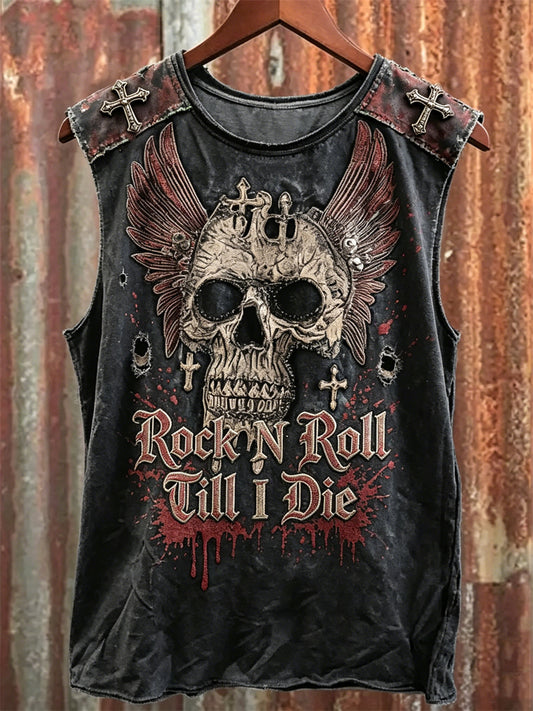 Men's Rock N Roll Till I Die Skull with Wings Bloody Print Racket Vest
