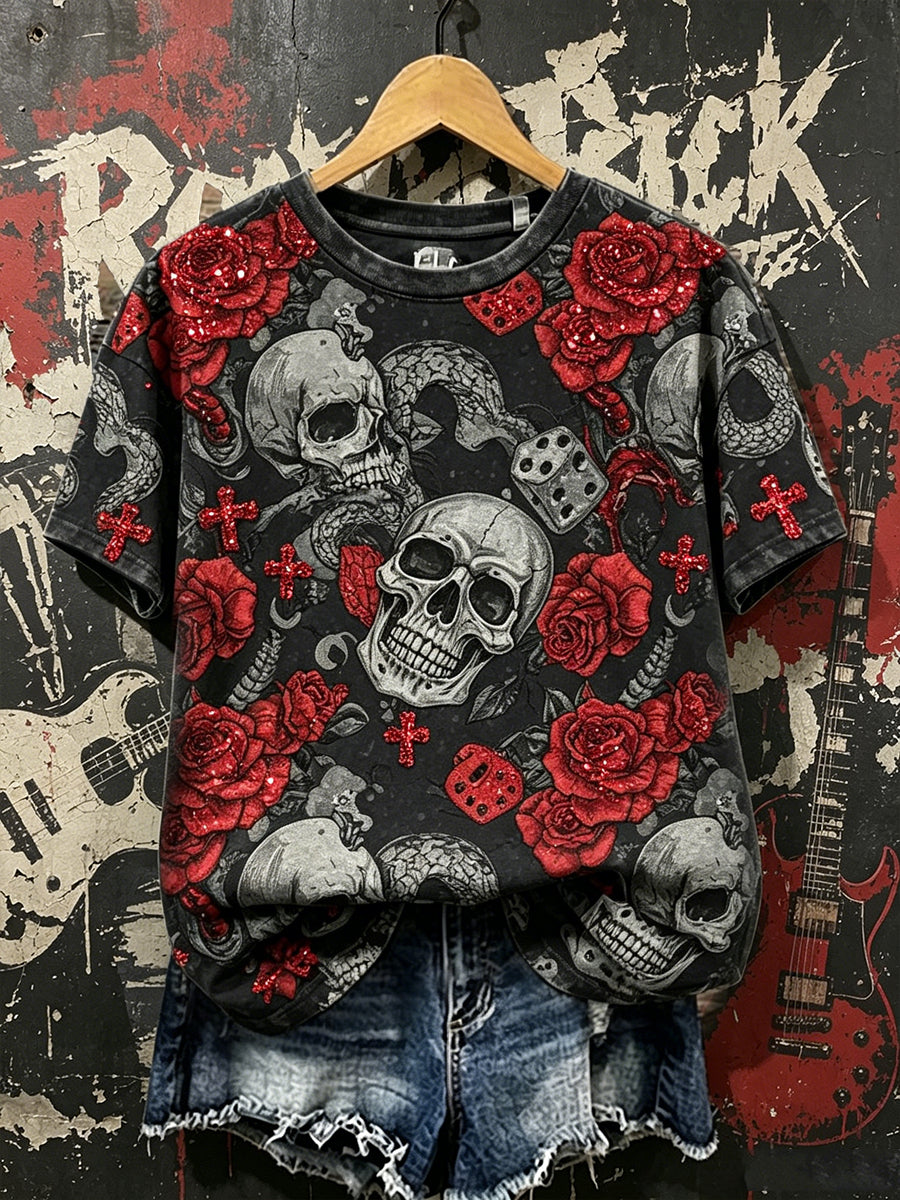 Women's Vintage Rose Skull Rock Art Print Washed Short-sleeved T-shirt