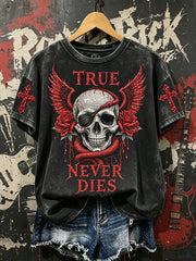 Women's Vintage Rock Inspired Cross Skull Rose Print Short-sleeved T-shirt