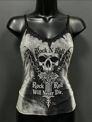 Women's Rock N Roll Will Never Die Skull & Cross Print Spaghetti-Strap Tank Top