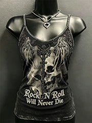Women's Rock N Roll Will Never Die Skull & Cross Print Spaghetti-Strap Tank Top