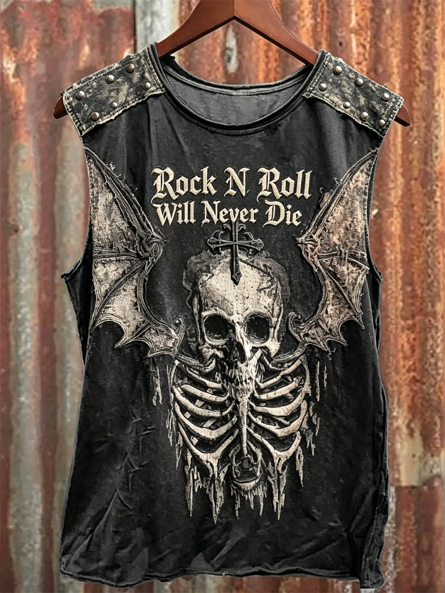Men's Rock N Roll Will Never Die Skeleton with Wings Print Racket Vest