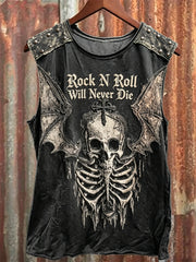 Men's Rock N Roll Will Never Die Skeleton with Wings Print Racket Vest