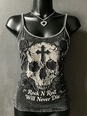 Women's Rock N Roll Will Never Die Skull Cross Roses Print Spaghetti-Strap Tank Top