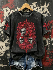 Women's Vintage Rock And Roll Rose Skull Print Short-sleeved T-shirt