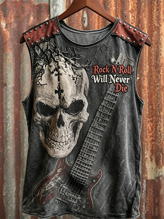 Men's Rock N Roll Will Never Die Skull & Guitar Print Racket Vest