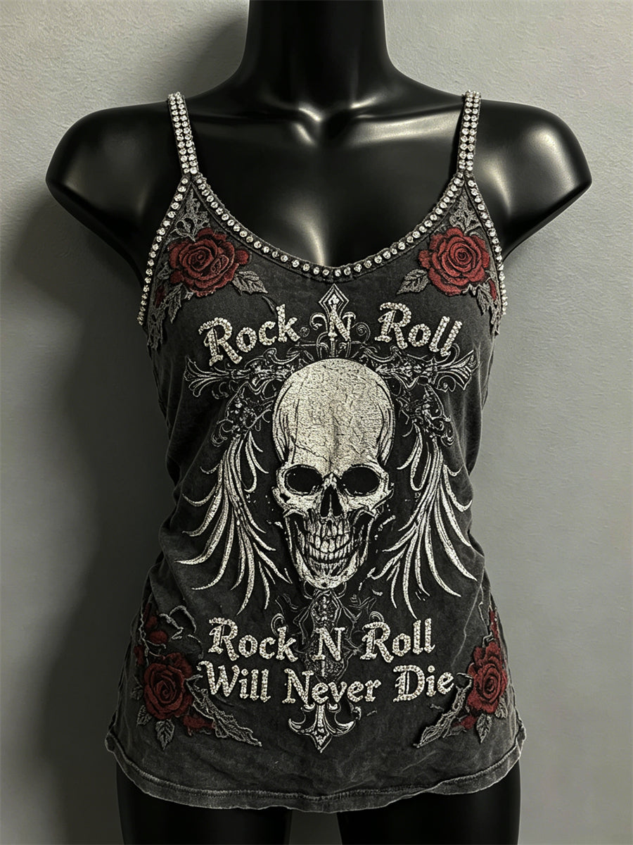 Women's Rock N Roll Will Never Die Skull & Roses Print Spaghetti-Strap Tank Top