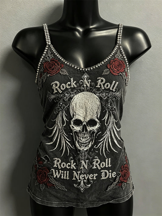 Women's Rock N Roll Will Never Die Skull & Roses Print Spaghetti-Strap Tank Top