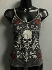 Women's Rock N Roll Will Never Die Skull & Roses Print Spaghetti-Strap Tank Top