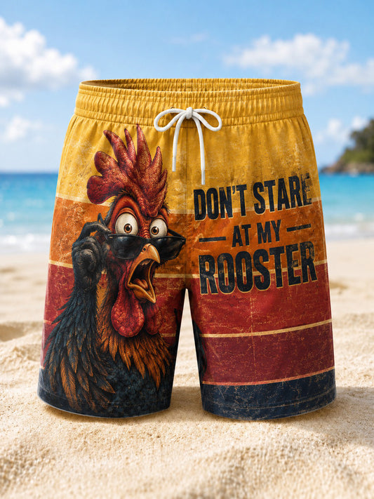 Men's DON'T STARE AT MY ROOSTER Printed Beach Shorts