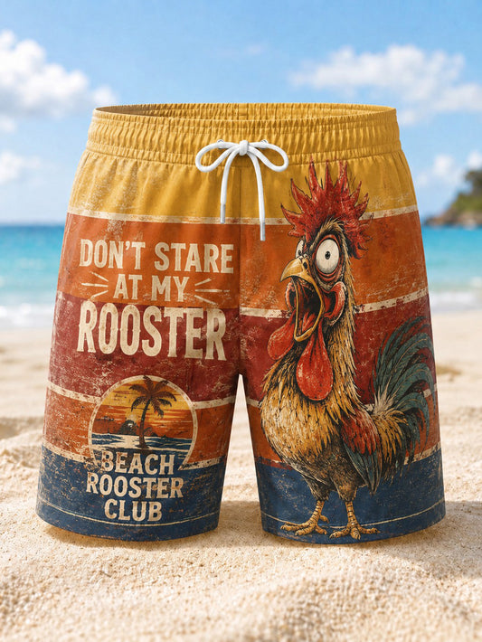 Men's DON'T STARE AT MY ROOSTER Printed Beach Shorts