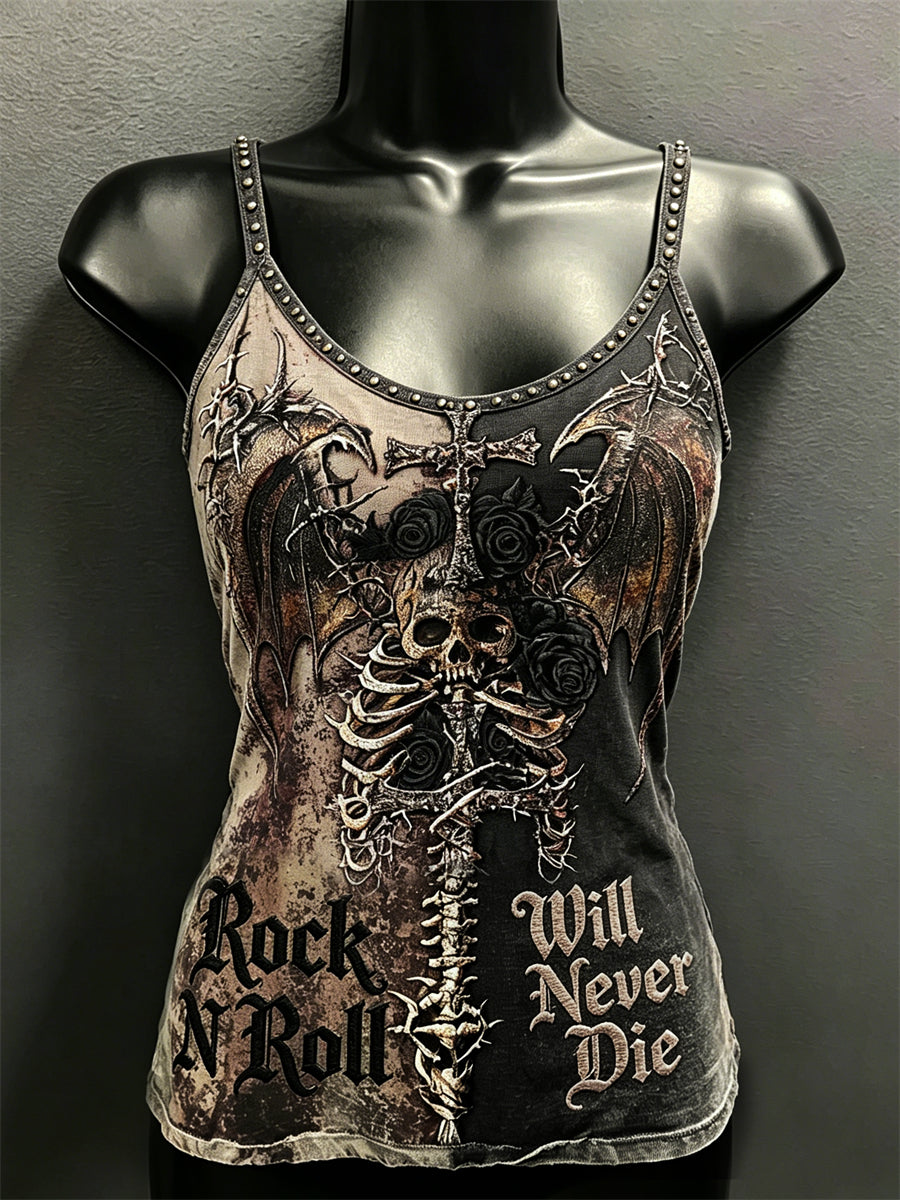 Women's Rock N Roll Will Never Die Skull & Cross Roses Print Contrast Spaghetti-Strap Tank Top