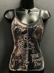 Women's Rock N Roll Will Never Die Skull & Cross Roses Print Contrast Spaghetti-Strap Tank Top