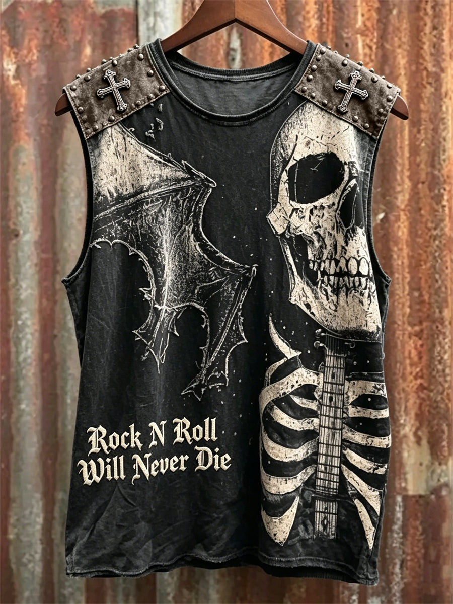 Men's Rock N Roll Will Never Die Skull with Bat Wings Print Racket Vest
