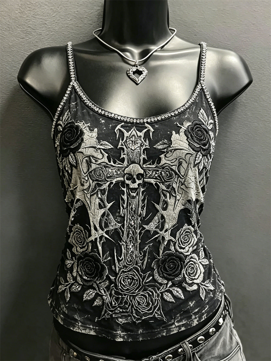 Women's Rock Style Skull Cross & Roses Print Spaghetti-Strap Tank Top