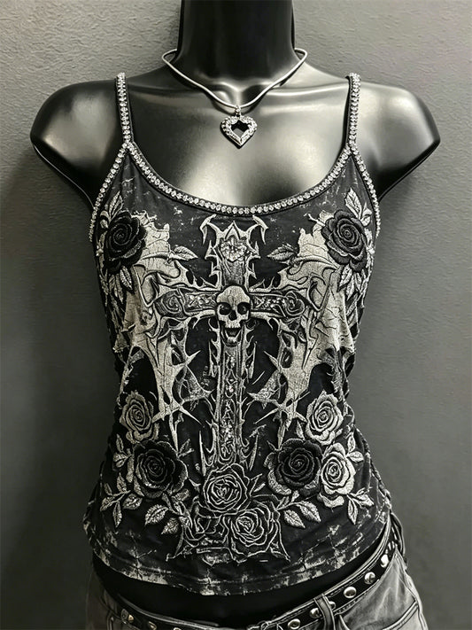 Women's Rock Style Skull Cross & Roses Print Spaghetti-Strap Tank Top